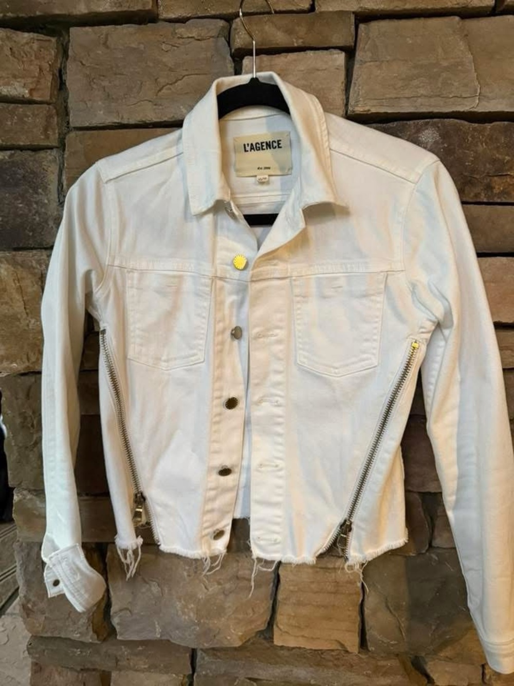 L'AGENCE White Distressed Denim Jacket with Zipper Accents